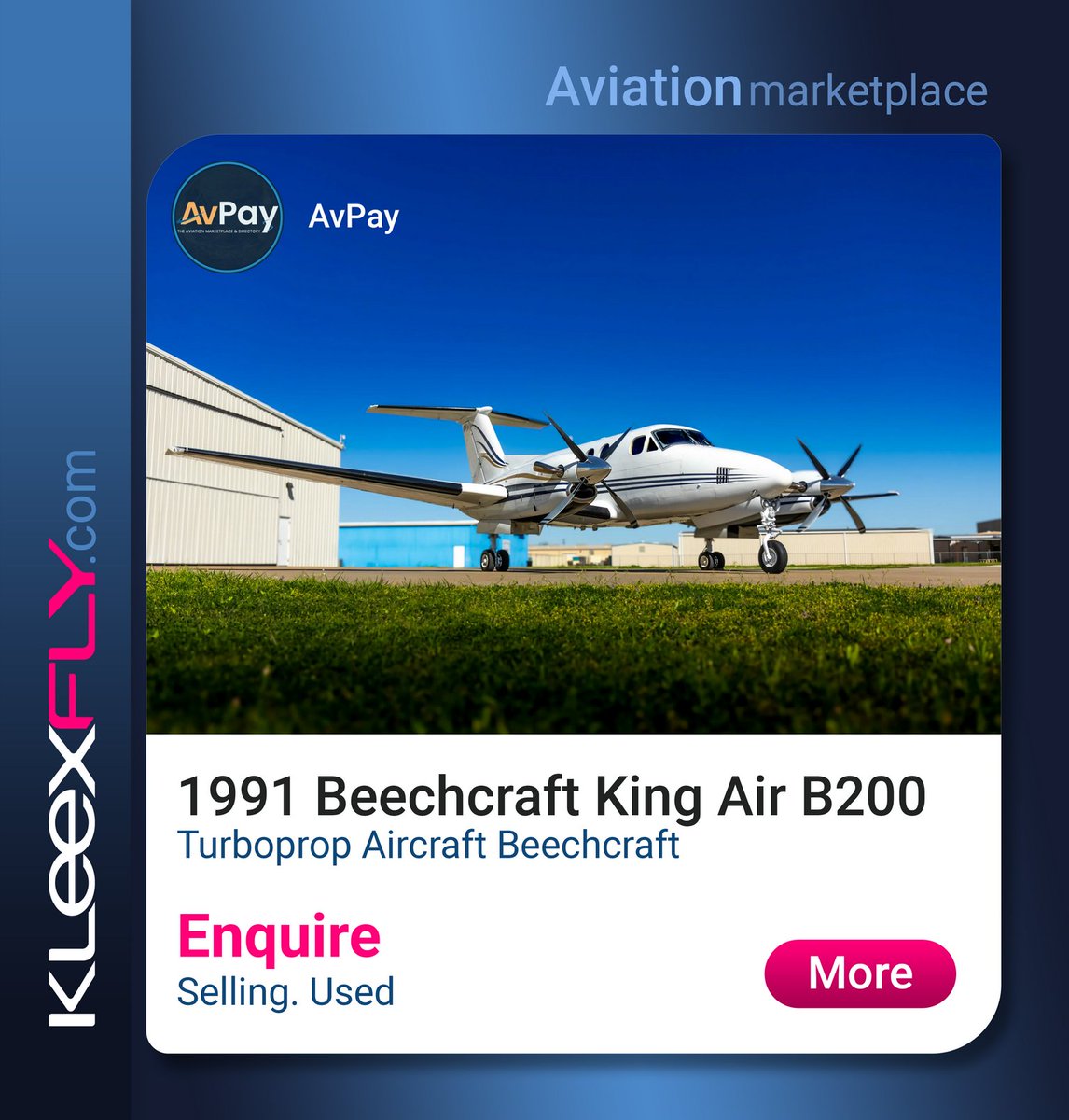 1991 Beechcraft King Air B200. For sale.
kleexfly.com/wp/ad/?ad_id=1…

#Beechcraft #KingAir #AvPay #Aircraft #Helicopters #Gliders #Schools #Jobs #Drones #Skydiving #Paragliding #Speedflying #Kiting