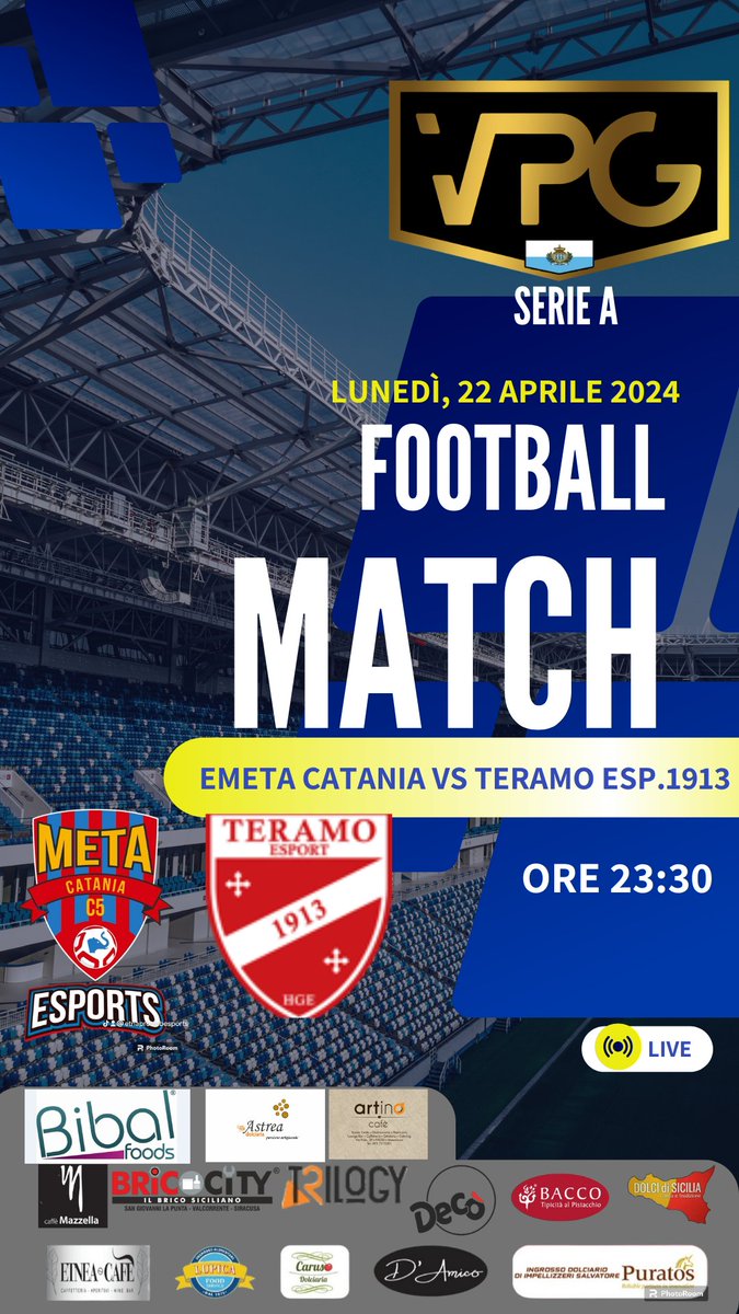 Chiudiamo la serata di esports all'insegna dello spettacolo con un match di <a href="/VPGSanMarino/">Virtual Pro Gaming San Marino 🇸🇲</a> che ha tutti i requisiti per farci divertire. La <a href="/eMetaCatania/">eMeta Catania</a> ospita il <a href="/TeramoeSports/">Città Di Teramo 1913 ESports</a> in tarda serata.Venite a sostenere i nostri colori in live su Twitch,il canale è quello ufficiale!♥️🩵
