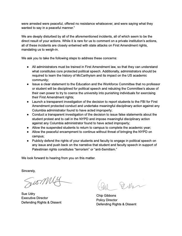 Breaking: We have just sent a letter to @Columbia President Shafik outlining our deep concern about how her actions have undermined students' and faculty's right to engage in political expression. We hope President Shafik hears these concerns and changes course.