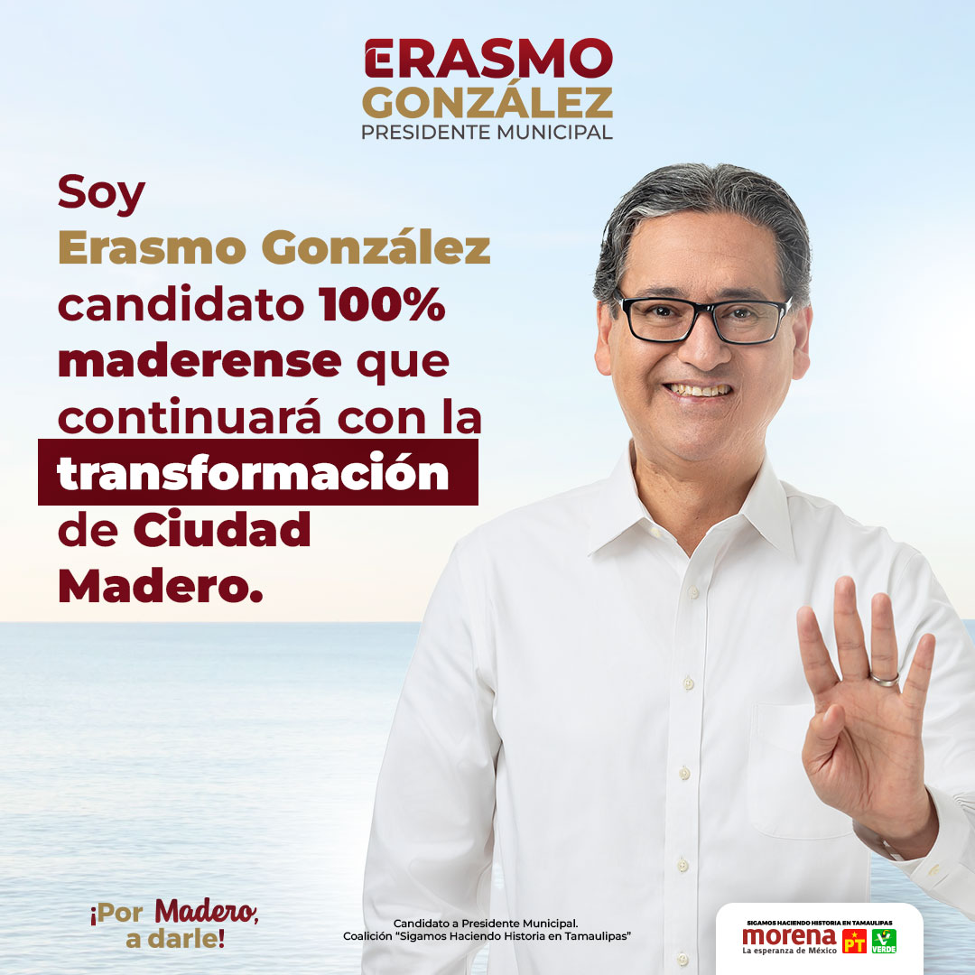 Soy Erasmo González, orgullosamente maderense. Continuaré con la transformación de nuestra ciudad.

#PorMaderoADarle #CdMadero #ErasmoGonzalez #MORENA