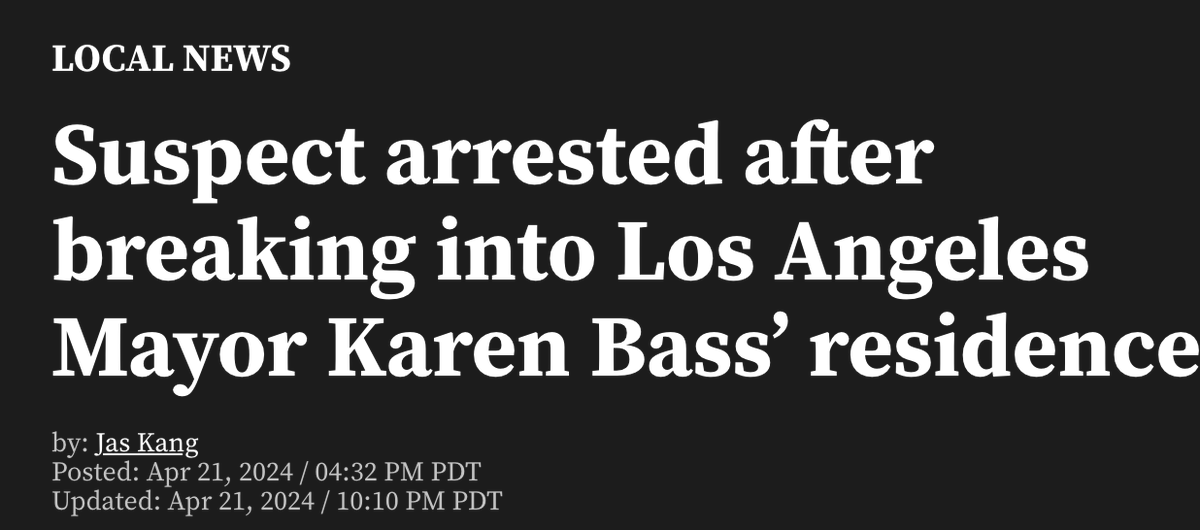Oh, the irony: Criminal breaks into the home of woke soft-on-crime DEI major Karen Bass of Los Angeles.