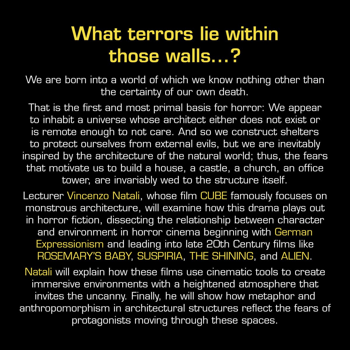 TOMORROW! ONLINE students of the Miskatonic Institute of Horror Studies are invited to ARCHITECTURE OF FEAR presented by filmmaker Vincenzo Natali… Get your tickets here: miskatonicinstitute.com/events/archite…