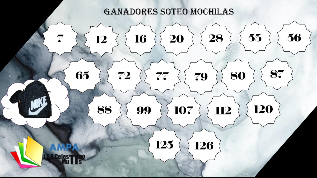 Ampaiesmutis's tweet photo. Ganadores del sorteo de mochilas.
Enhorabuena a los ganadores.
Podréis recogerla el día 29/04 a las 17´30 en el AMPA.
Será necesario presentar algún documento oficial acreditativo de las personas que consten en la ficha AMPA (DNI, Carnet de conducir  o carnet de estudiante). https://t.co/OdX6IIZNvk