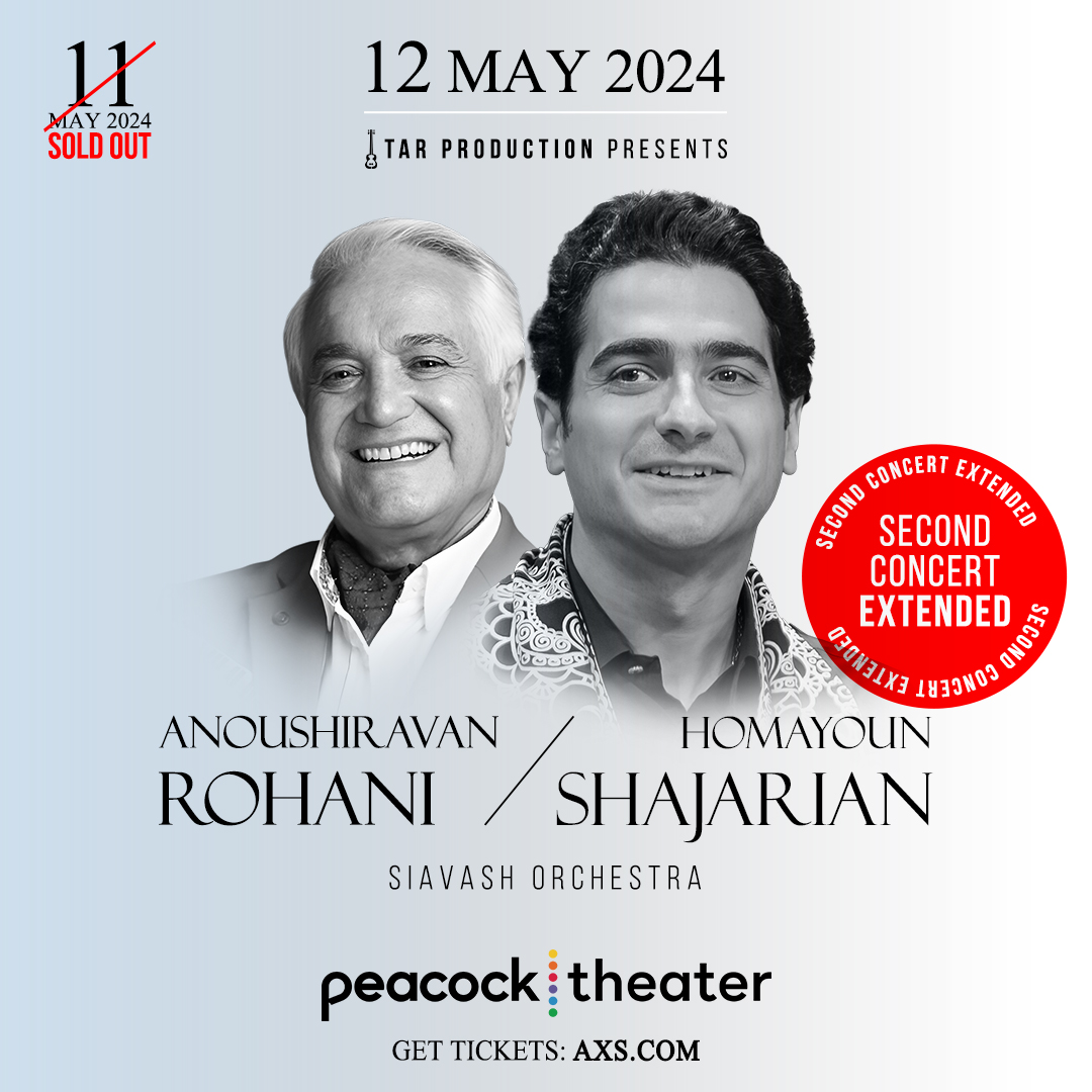 Homayoun Shajarian and Anoushiravan Rohani are bringing and incredible second night of 🎹🎶 Siavash Orchestra on May 12, 2024. Limited tickets remain at pckthr.la/homayoun24tw