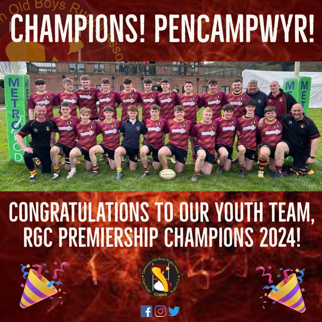 Llongyfarchiadau bechgyn! Congratulations boys! 🎉

COBRA Youth crowned champions of the RGC Youth Premiership with a 48-0 win over Rhyl on Saturday 👏🏻 

Well done and thank you to all the players, coaches and supporters for their hard work and commitment, well deserved 🏆