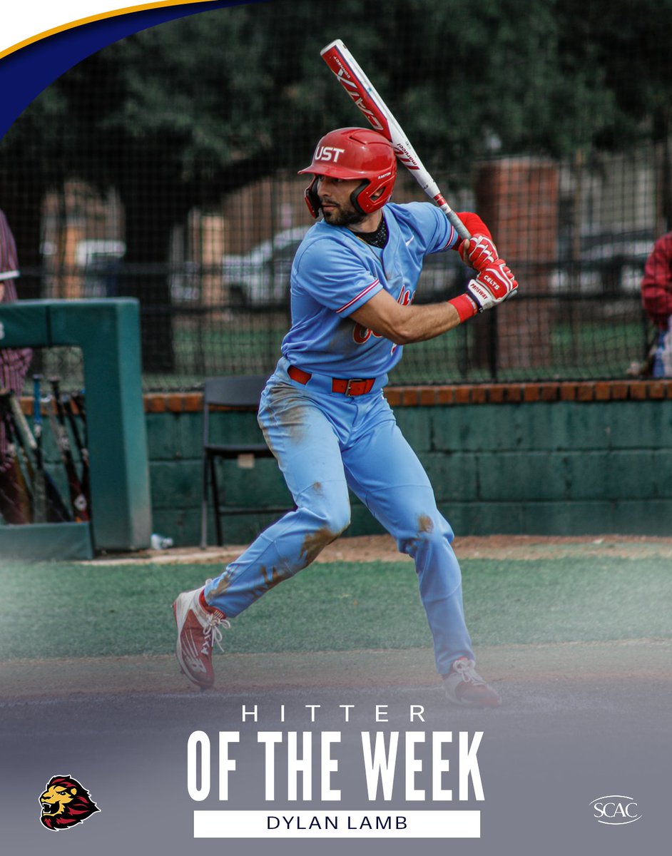 THREE Triples in an #SCAC contest for the first time in league history ✅✅✅

Dylan Lamb of @USTAthletics named #SCACBsb Hitter of the Week!⚾️

📰| shorturl.at/xIY57

#SCACPride #d3baseball #DIII50