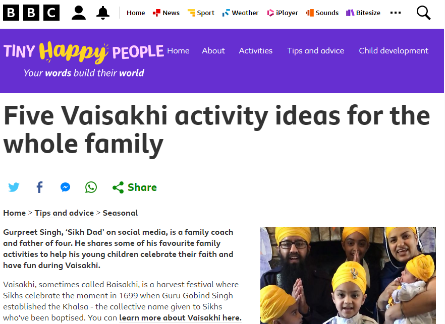 As annual Vaisakhi celebrations continue through the month, here we share a great @cbbc article with respected community figure Gurpreet Singh @sikhdad, offering parents fun and educational activities to help families mark the creation of the Khalsa. Read bbc.co.uk/tiny-happy-peo…
