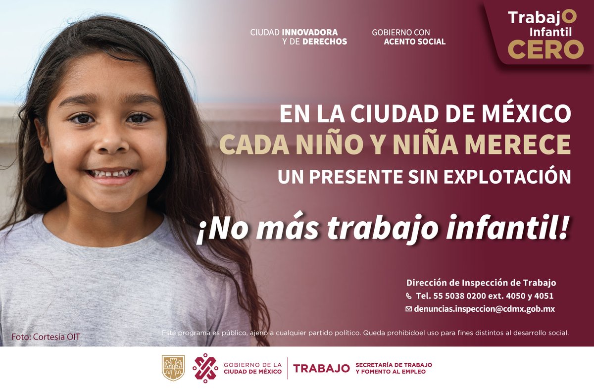 Si eres testigo de cualquier tipo de trabajo infantil en la Ciudad de México, no lo dejes pasar. ¡Realiza tu denuncia en el Área de Inspección Laboral! ☎️55 5038 0200 exts. 4050 y 4051 📩deuncias.inspeccion@cdmx.gob.mx #TrabajoEnLaCiudad