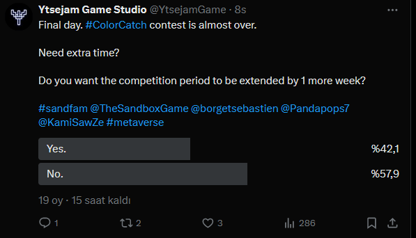 YtsejamGame's tweet photo. Last 2 hours.
We are waiting for the best times.
The survey is now over.
There will be no extension of time.
#sandfam #ColorCatch @TheSandboxGame #Metaverse https://t.co/oNUrITCitA