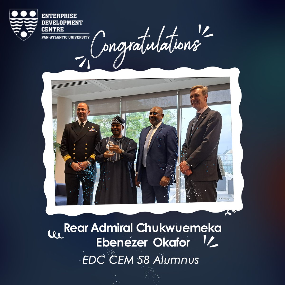 Celebrating Rear Admiral Chukwuemeka Ebenezer Okafor, an Enterprise Development Centre alumni, for winning the Alexander Dalrymple Award. His hydrography contributions earned global acclaim. #Excellence #Leadership #Hydrography #EDCALUMNI #EDCALUMNUS #EnterpriseDevelopmentCentre