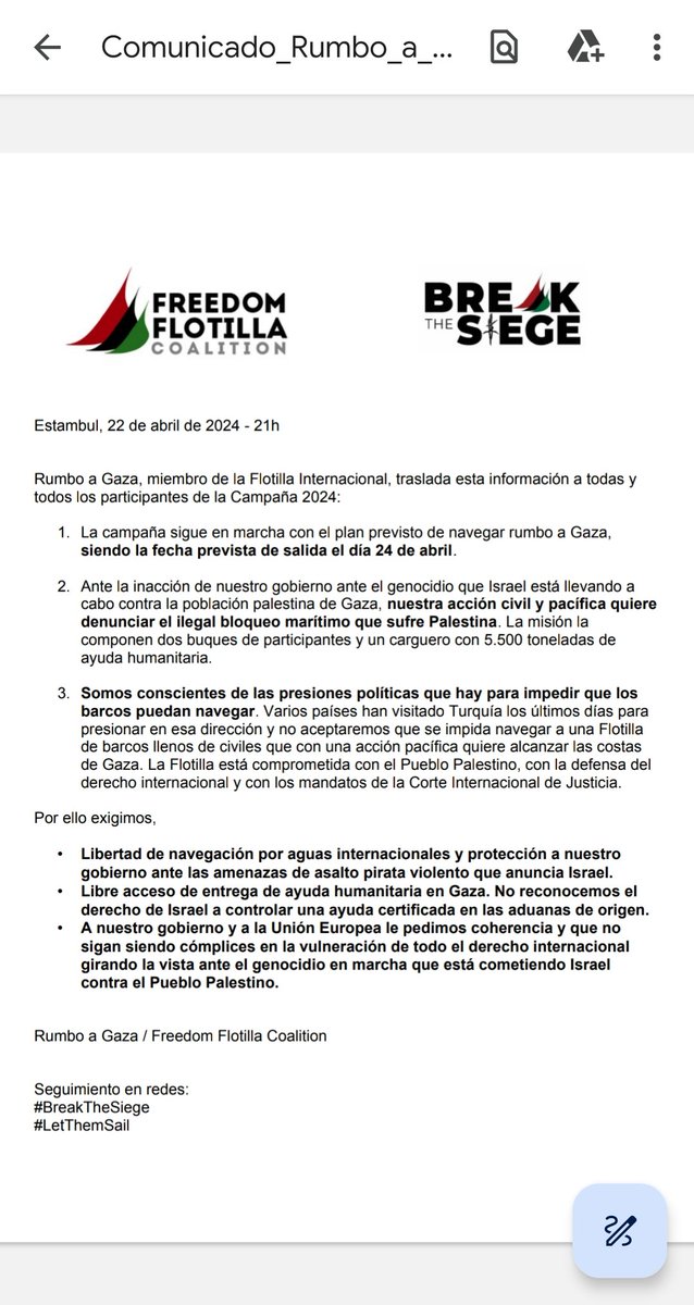 Comunicado de la Flotilla de la Libertad, ante las amenazas de Israel. 'Exigimos libertad de navegación por aguas internacionales y protección a nuestro gobierno ante las amenazas de asalto pirata violento que anuncia Israel'