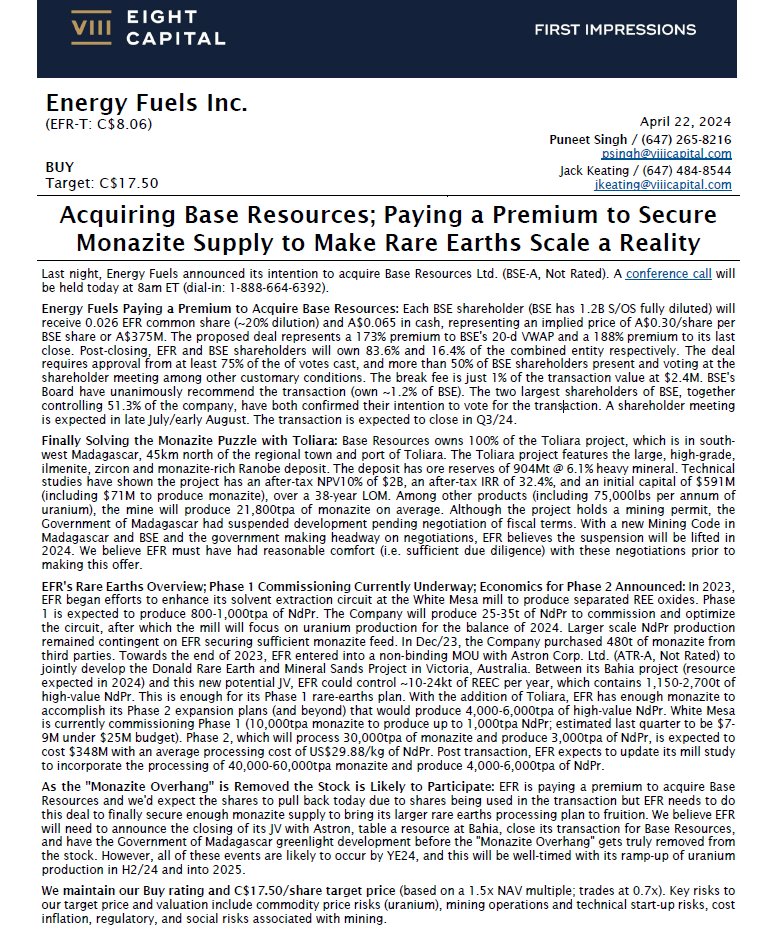 ⚡️Eight Capital reaffirm their BUY Rating and CA$17.50 Price Target🎯 for Energy Fuels (TSX: $EFR NYSE: $UUUU) on 'Acquiring Base Resources; Paying a Premium to Secure Monazite Supply to Make #RareEarths Scale a Reality'🐋⚛️⛏️🛒 #Uranium #mining #REE #USA research.viiicapital.com/Reports/Resear…