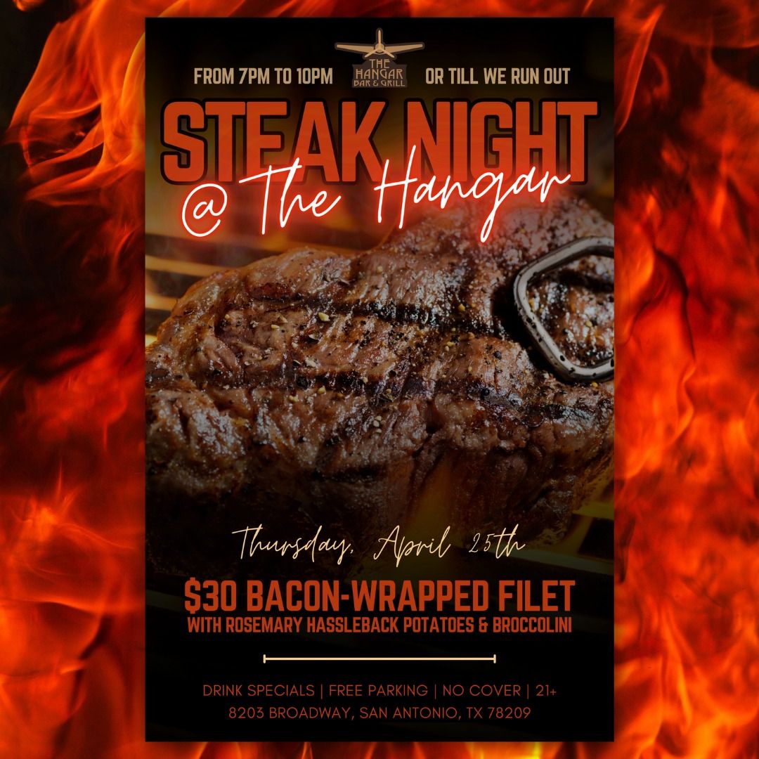 thehangarsa's tweet photo. 🥩✨ Join us at The Hangar for a sizzling Steak Night THIS THURSDAY, April 25th from 7pm-10pm (or until we run out)! 😋

Indulge in our mouthwatering $30 Bacon-wrapped Filet served with rosemary hassle back potatoes and fresh broccolini! 🍽️🔥

#SteakNight #SizzleAndSavor https://t.co/9b2o1Yo2gW
