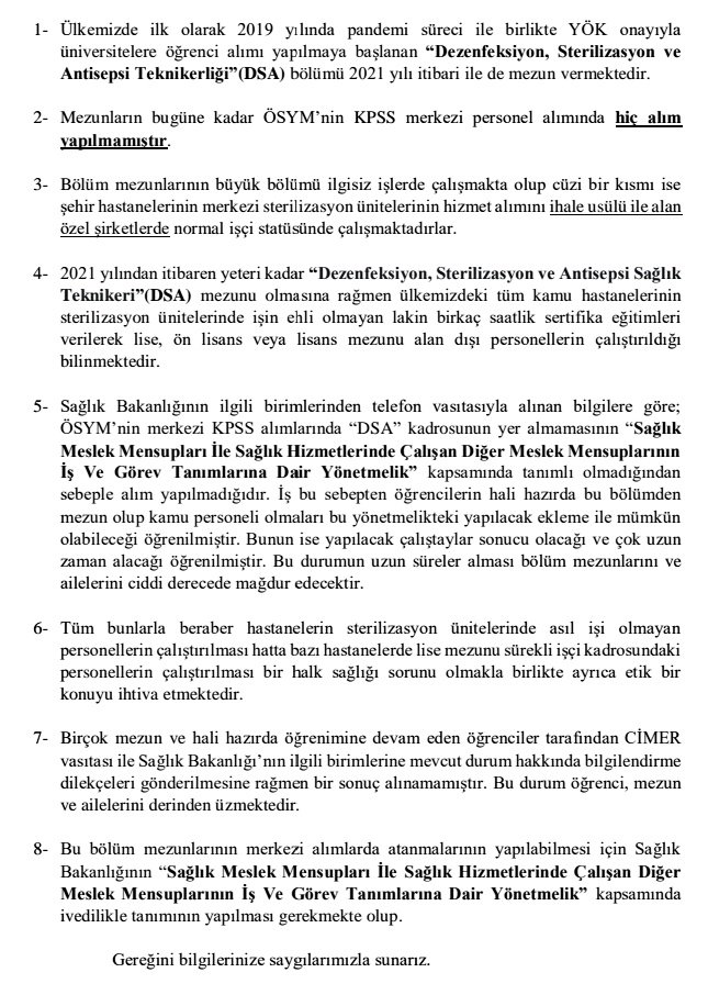 sayın <a href="/drfahrettinkoca/">Dr. Fahrettin Koca</a>, 
2021 yılından bu yana atanmayı bekleyen "dezenfeksiyon, sterilizasyon ve antisepsi teknikerliği" bölümü mezunlarının seslerini duyuyor musunuz?  <a href="/saglikbakanligi/">T.C. Sağlık Bakanlığı</a>

#SterilizasyonTeknikerliği