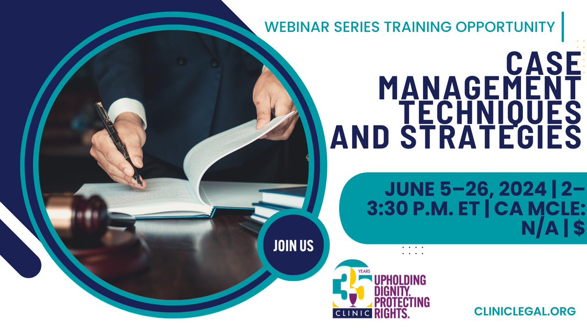 Join CLINIC for a four-week case management webinar series that will walk through the life of a case by discussing basic components of effective case management techniques and strategies. Participants will learn best practices in intake procedures. 🌐 cliniclegal.org/training/webin…