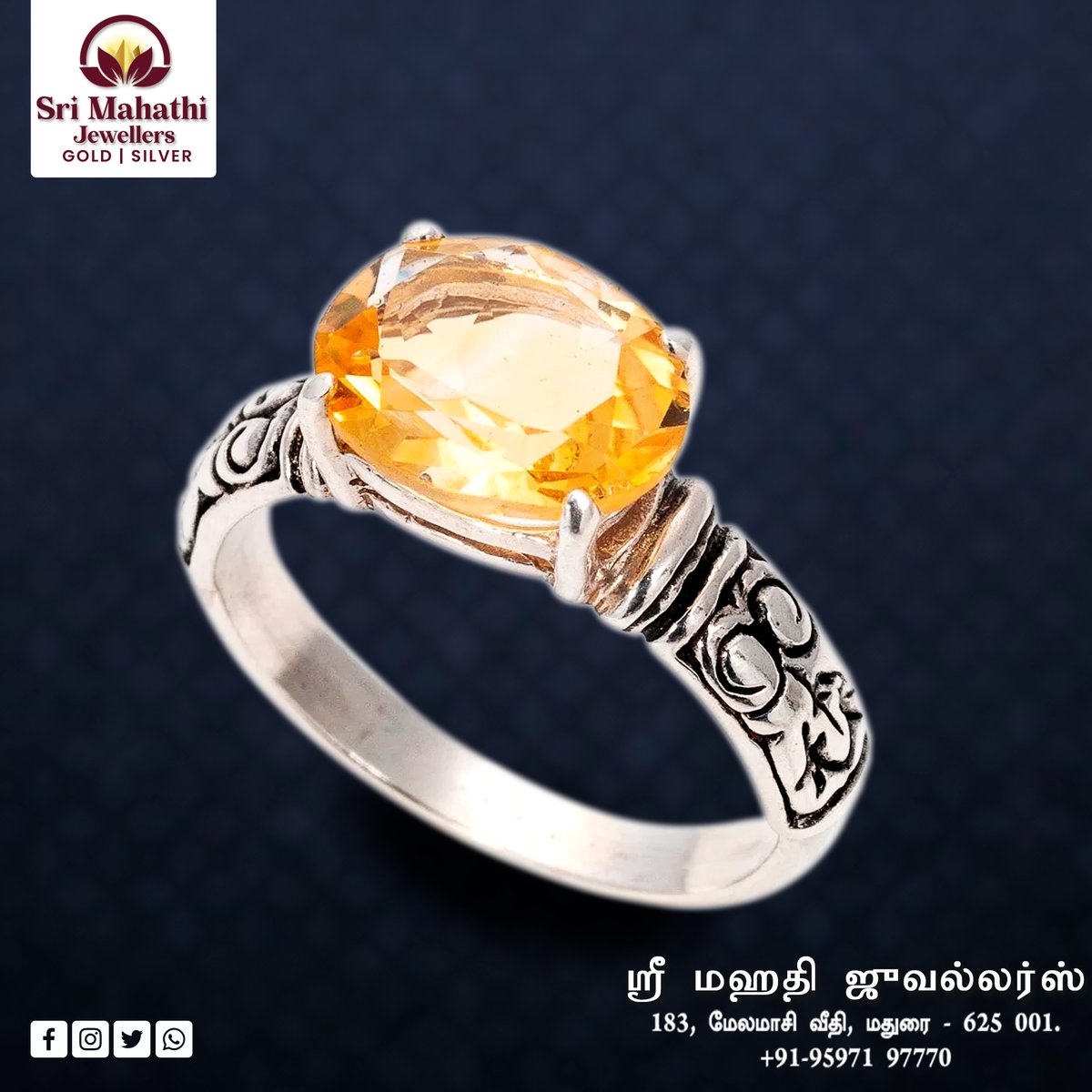 Silver yellow gem stone ring from the house of Sri Mahathi Jewellers - Madurai.
#silvergemstonering #silveryellowstone #silverringcollection #silverring #silverringformen #SriMahathiJewellers #SriMahathiJewellersMadurai
