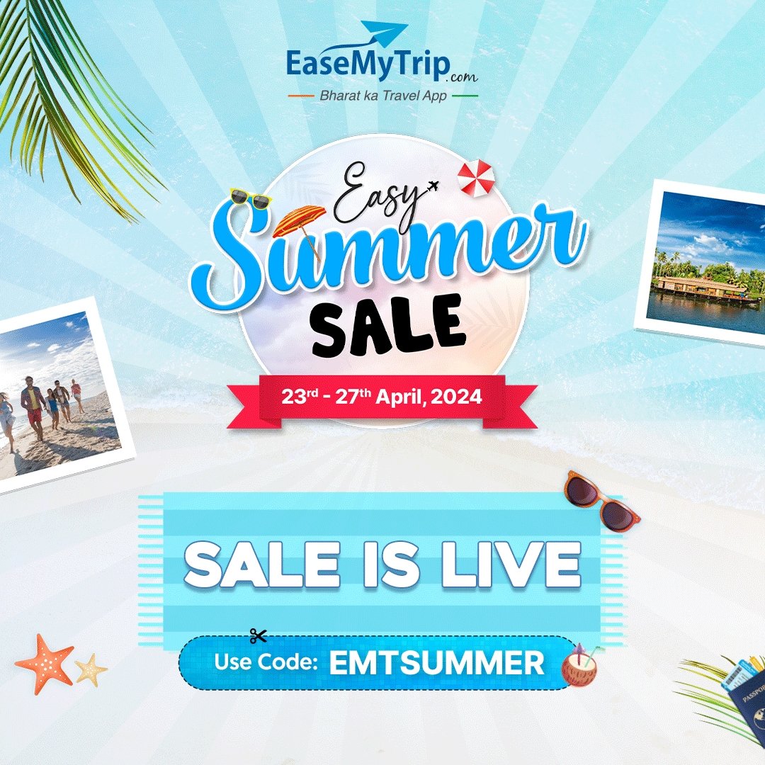 Finally! It's time to pack your bags and leave all worries behind because it's Summer-cation time!🏖️😎 Use code - EMTSUMMER to avail exciting offers Book Now! #travelsale #summersale #traveloffers #summervacationsale #easemytripsale #easemytrip