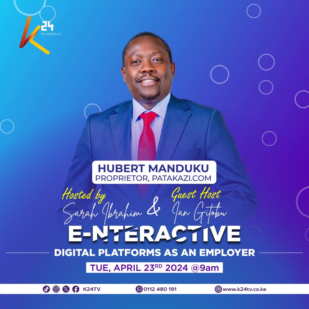 K24Tv's tweet photo. Join us tomorrow morning on #Enteractive as we take a look at Youth Employment through digital platforms with HUbert Manduku. https://t.co/147ggYUVbF