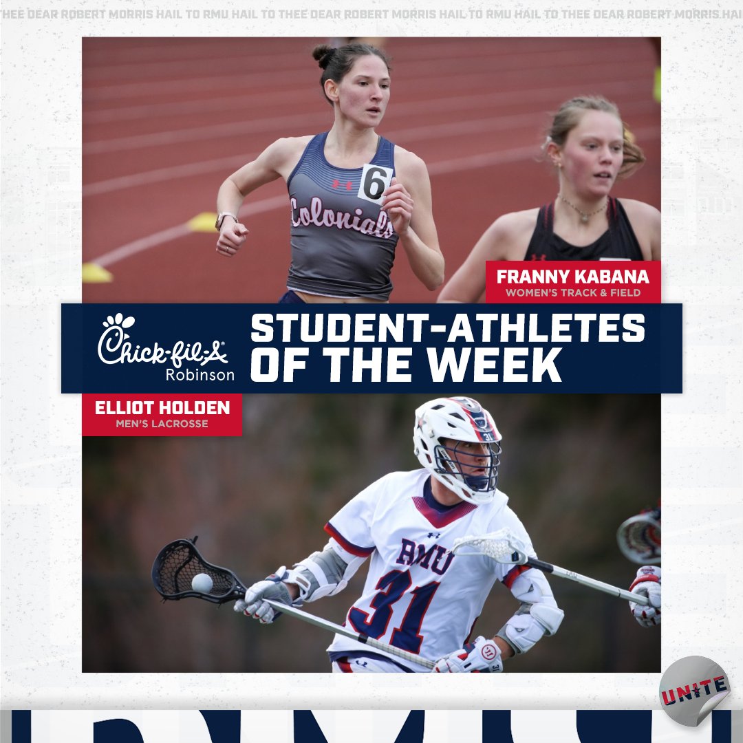 RMU Athletics (@rmuathletics) on Twitter photo This week's <a href="/CFARobinson/">Chick-fil-A Robinson</a> Student-Athletes of the Week are:
Franny Kabana | <a href="/RMU_TF_XC/">RMU XC and Track & Field</a>
Elliot Holden | <a href="/RMUMLacrosse/">RMU Menโs Lacrosse</a> This week's <a href="/CFARobinson/">Chick-fil-A Robinson</a> Student-Athletes of the Week are:
Franny Kabana | <a href="/RMU_TF_XC/">RMU XC and Track & Field</a>
Elliot Holden | <a href="/RMUMLacrosse/">RMU Menโs Lacrosse</a>