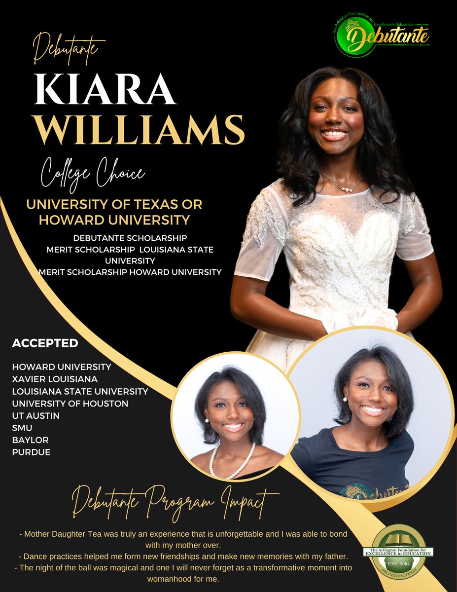 ArlingtonFEE04's tweet photo. Congratulations 2023 Debutante Kiara Williams on your college acceptances. We can't wait to hear all about your college experiences. Good luck!! https://t.co/J33UD0yyiw