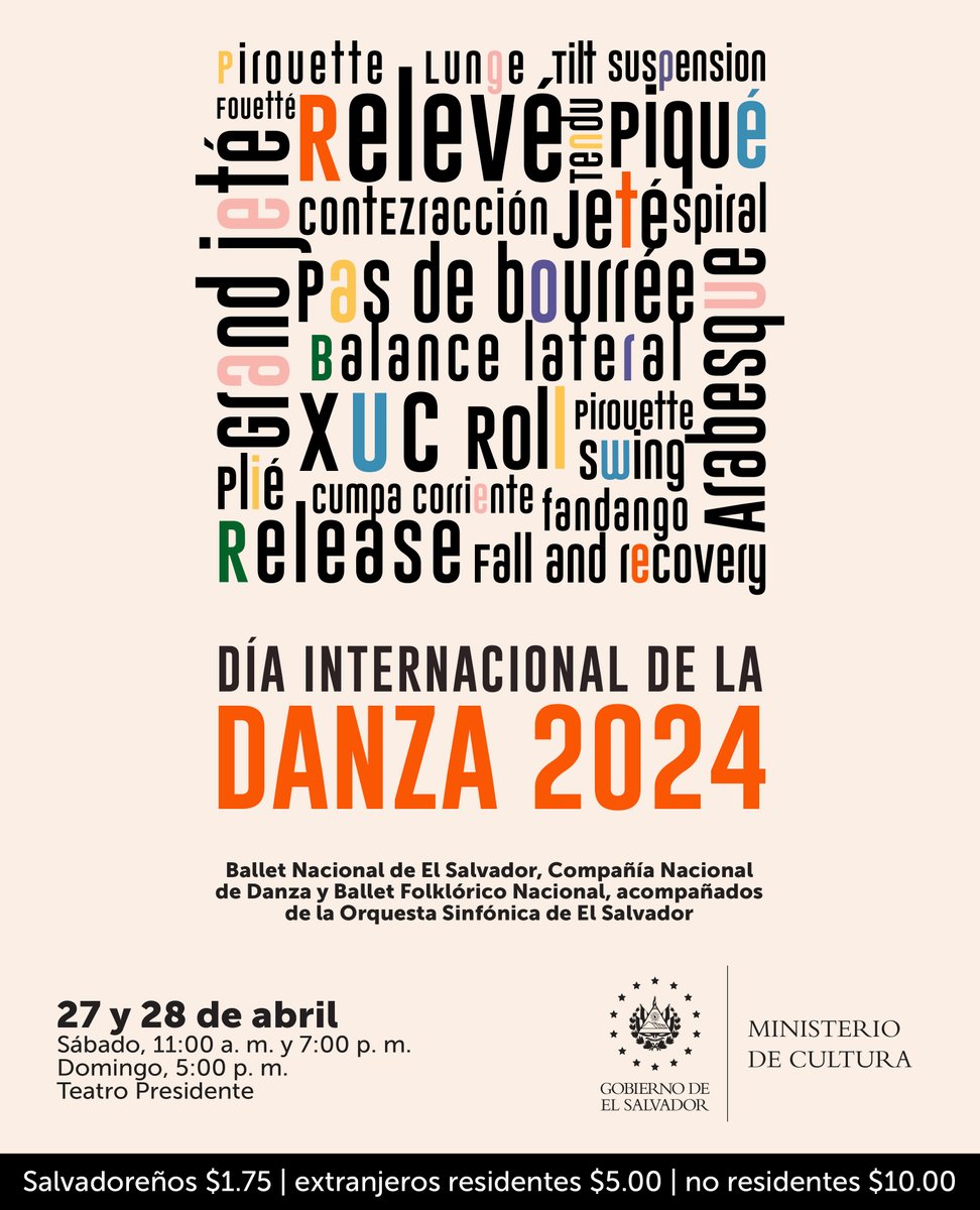 ¡Acompáñanos a celebrar el Día Internacional de la Danza!🩰💃🏼 Nuestro Ballet Nacional de El Salvador, Compañía Nacional de Danza y Ballet Folklórico Nacional acompañados de la Orquesta Sinfónica de El Salvador, en un espectáculo que celebra el talento de nuestro hermoso país.🇸🇻