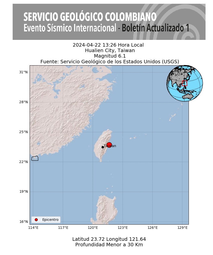 #SismosColombiaSGC Evento Sísmico Internacional - Boletín Actualizado 1, 2024-04-22, 13:26 hora local. Magnitud 6.1, Profundidad superficial,  Hualien City, Taiwan #NoticiaEnDesarrollo #Temblor #Sismo Más información: sgc.gov.co/sismos