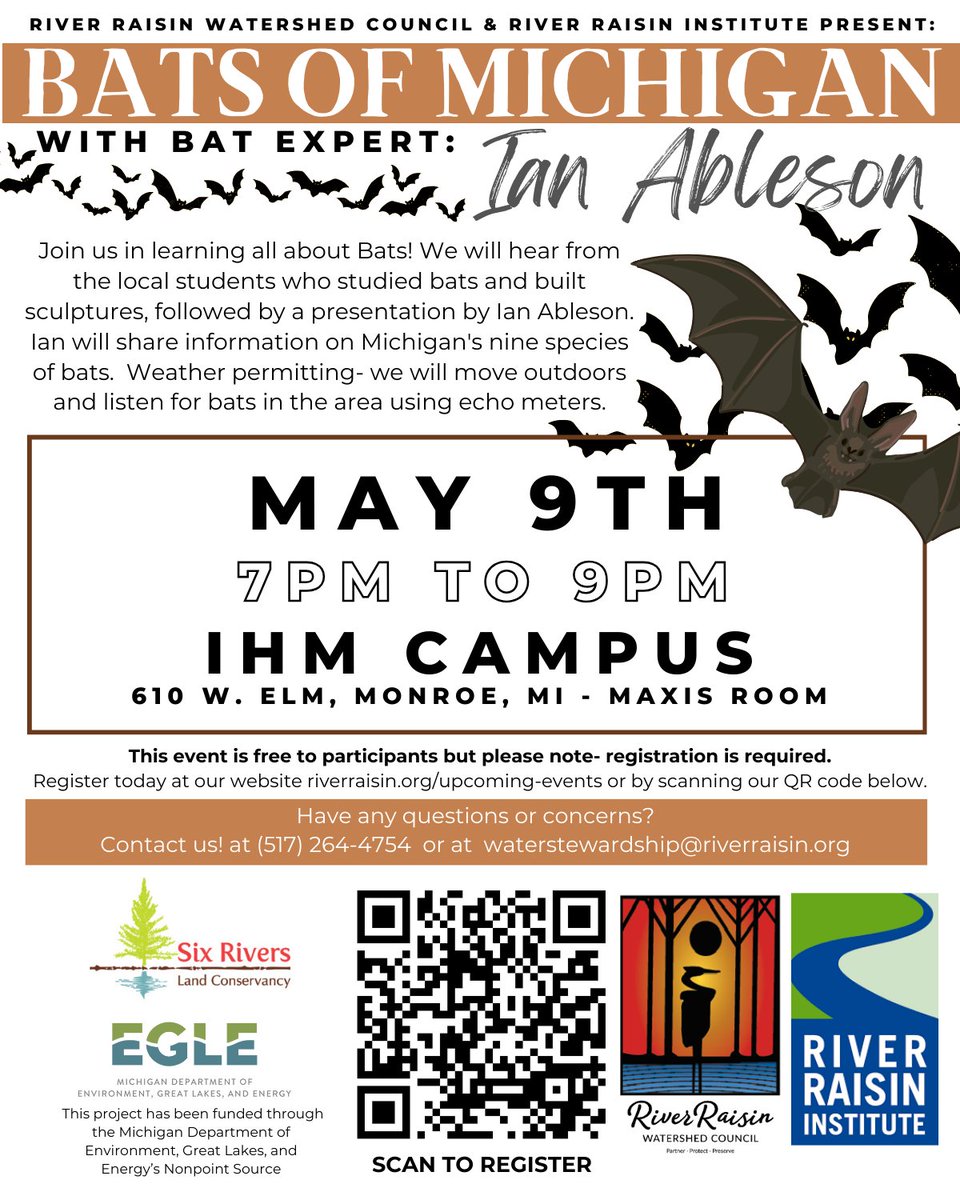 ProgramCoordin3's tweet image. Please join us at the IHM in Monroe, MI for this exciting opportunity to learn more about #bats!!

 Register here: riverraisin.org/upcoming-events

🦇🦇🦇

#monroecounty #monroemi