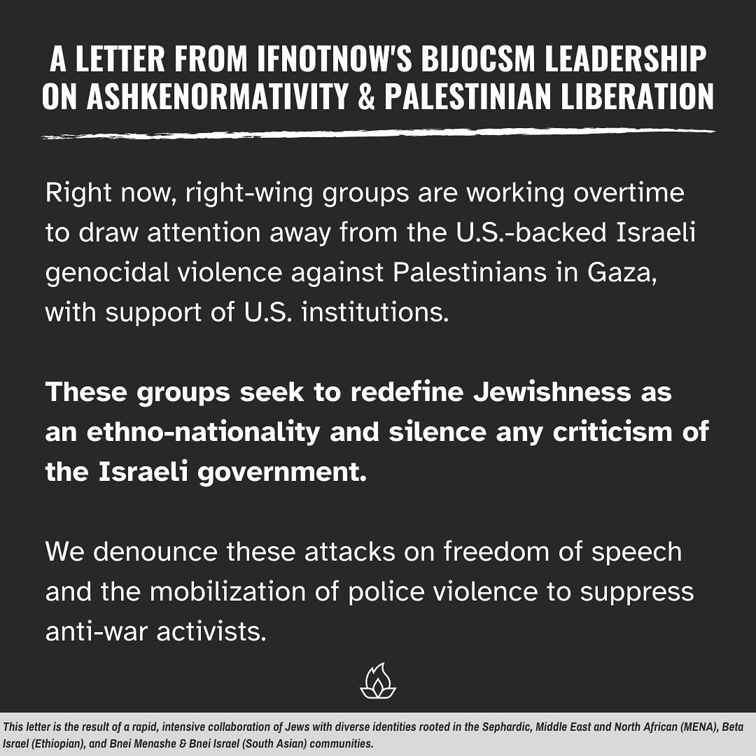 IfNotNowOrg's tweet photo. A letter from IfNotNow’s BIJOCSM (Black, Indigenous, Jews of Color, Sephardim, and Mizrahim), on Ashkenormativity &amp; Palestinian liberation 

(1/7) https://t.co/INpuqetOp0