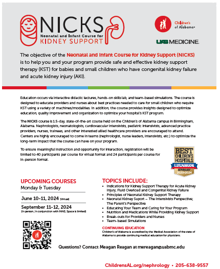 Want to learn more about neonatal dialysis? sign up now for the 1.5 day Neonatal and Infant Course for Kidney Support (NICKS). The June 10-11 course will be our last virtual meeting of 2024. @ASPNeph @ESPNIC_Society @NeonatalKidney @NeoConsortium Click QR to see information.