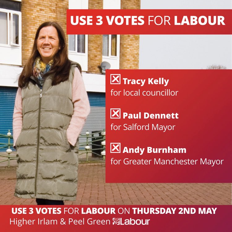 Three votes for Labour, send a strong message to the Tories. 🌹 Tracy Kelly @TJKelly18 🌹 Paul Dennett @salford_mayor 🌹 Andy Burnham @AndyBurnhamGM @SalfordLabour serving our residents all year round.