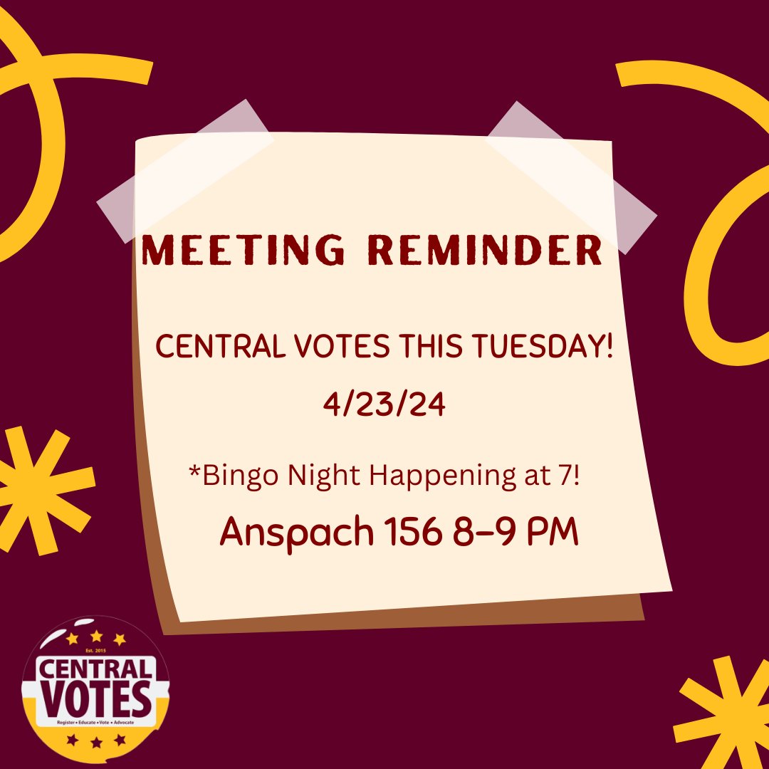 Another Tuesday, another Central Votes meeting! Also, don't forget our bingo night is at 7 in Anspach 156. The meeting will follow the event so feel free to stick around!