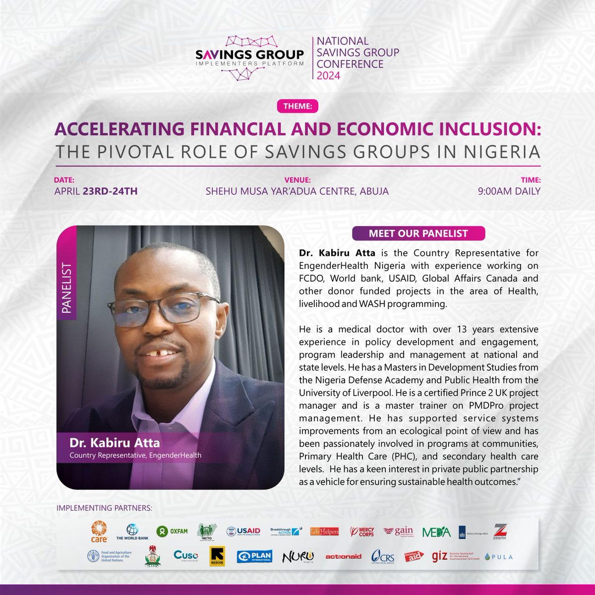 EngenderHealth Nigeria representative will be a panelist at #NSGConference discussing the state of savings groups in Nigeria. Learn how these saving groups empower women in accessing essential health services #GenderEquality #HealthAccess #NSGC2024 @CARE_Nigeria