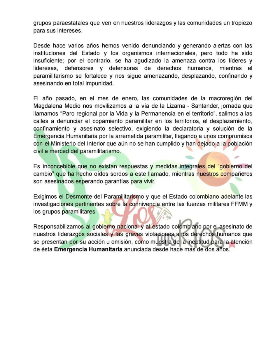 📢❗️Desde la Región de Los Dos Ríos expresamos nuestro inmenso dolor y RECHAZAMOS el vil asesinato de nuestro compañero y amigo NARCISO BELEÑO, líder histórico, hijo de la Serranía de San Lucas, que defendió incansablemente la vida y la permanencia en los territorios.