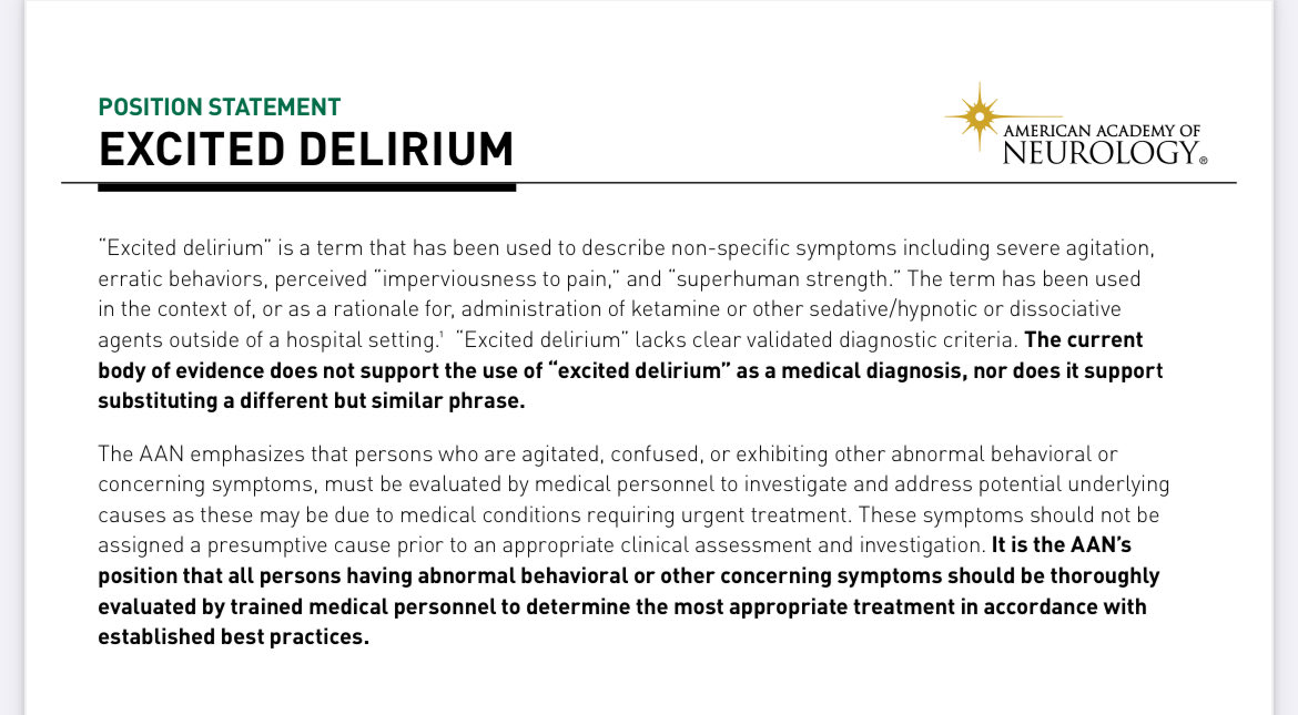 NEW @AANmember: “The current body of evidence does not support the use of #ExcitedDelirium as a medical diagnosis, nor does it support substituting a different but similar phrase.” Honored to work on this statement at intersection of neurology & policing! aan.com/advocacy/excit…