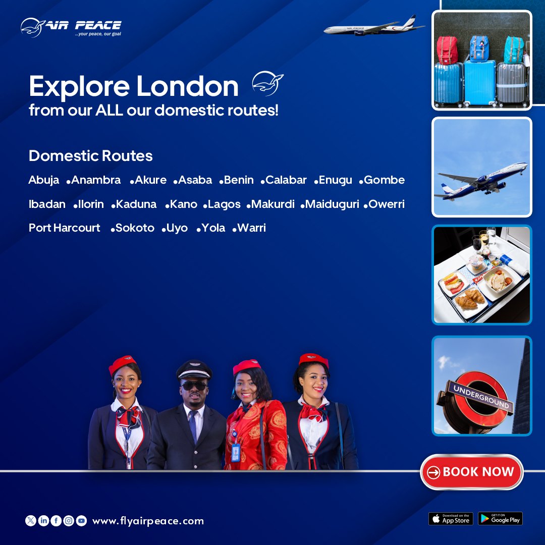 'London calling! Fly hassle-free from all our domestic routes. Your adventure awaits!
#LondonAdventure #LondontoLagos #LondontoLagos #UK #travel #tourism #trips
#BetterDealWithAirPeace