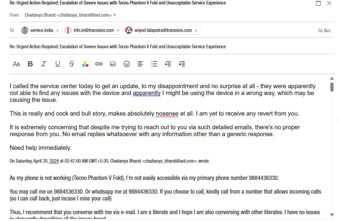 need immediate attention, no response despite writing several emails <a href="/tecnomobile/">tecnomobile</a> <a href="/TecnoMobileInd/">TECNO Mobile India</a> <a href="/CarlcareIndia/">Carlcare India</a> kindly replace the faulty device (that shows wrong battery percentage) with a proper working handset that passes all QCs.