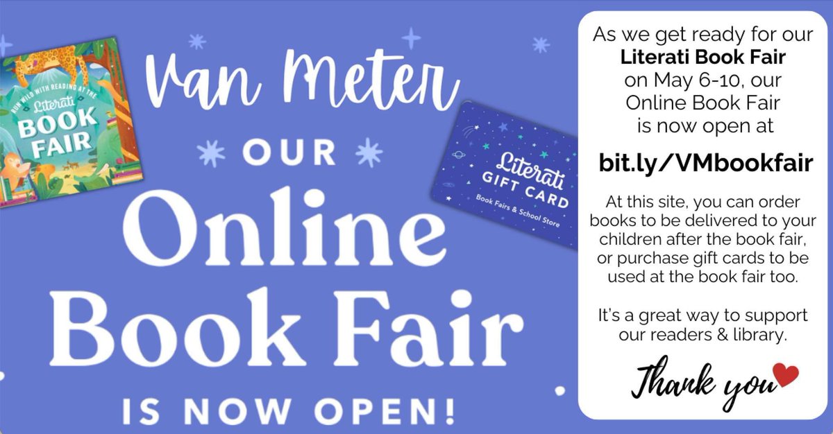 vmlibraryvoice's tweet photo. As we get ready for our @literati Book Fair on May 6–10, our Online Book Fair is now open at https://t.co/kzDWHXi14L

At this site, you can order books to be delivered to your children after the book fair or purchase gift cards to be used at the book fair. 

Thank you.❤️ https://t.co/8FN7dXMRew
