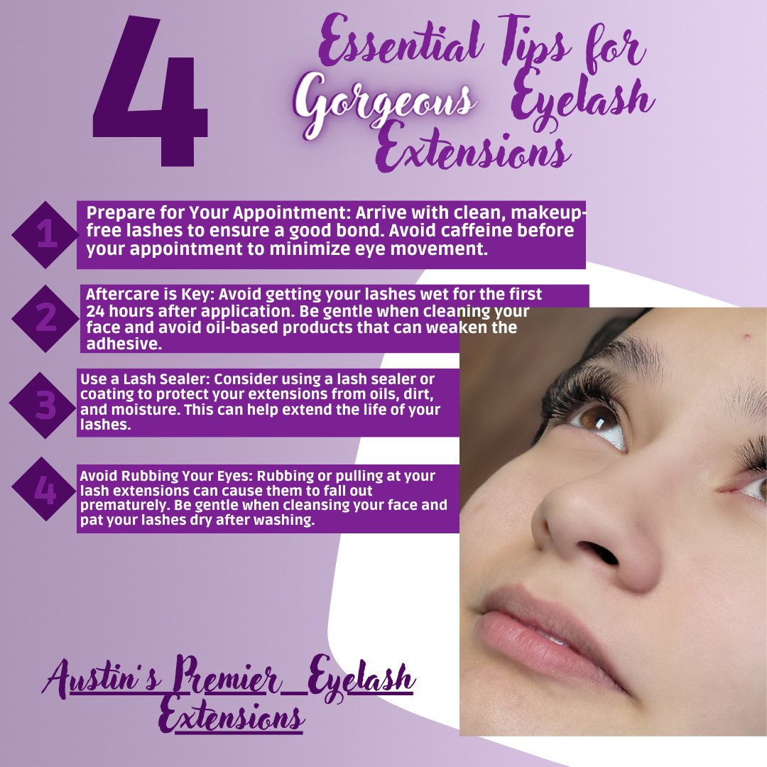 🌟 4 Essential Tips for Gorgeous Eyelash Extensions 🌟 Ready to enhance your natural beauty? Book your appointment today! 💜 #EyelashExtensions #LashTips #BeautyTips #LashCare #BeautyRoutine #LashLove #LashGoals #GorgeousLashes #Eyelashes #BeautyHacks #LashTipsAndTricks #Eyelash
