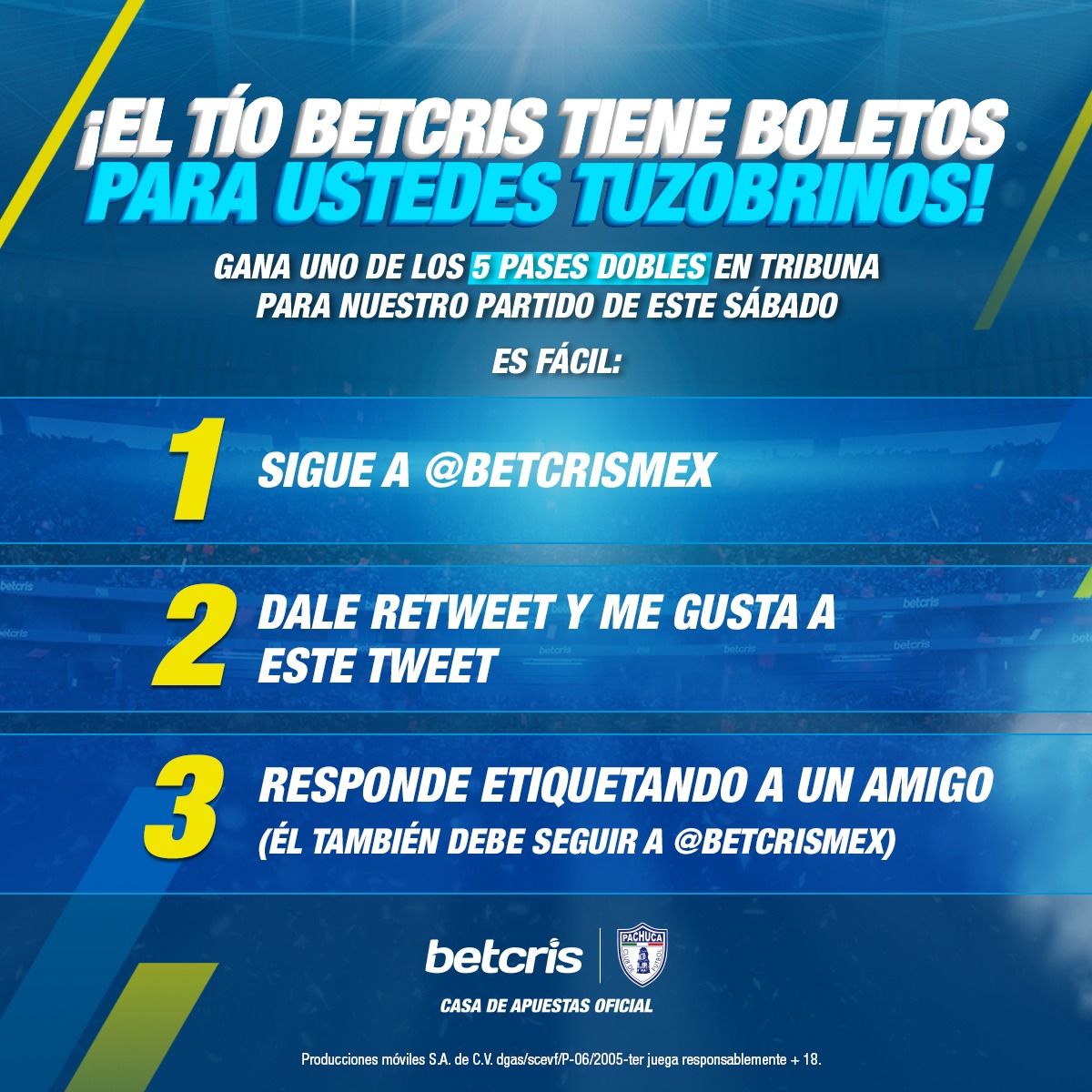 ¡Acompáñanos y forma parte de la alineación ganadora junto con <a href="/betcrismex/">Betcris México</a>! 🎟️🎟️

Gana uno de los 5 pases dobles en tribuna para nuestro partido de este sábado 🏟

Checa bien los pasos 👀

¡Tienes hasta el jueves a la 12:00hrs para participar!

❗️⚠️ Los ganadores serán anunciados