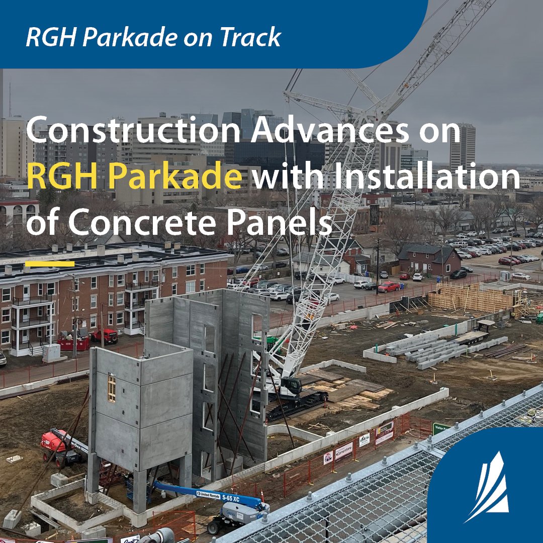 More than 500 concrete panels up to 60 feet long are arriving daily and the Regina General Hospital (RGH) parkade will begin to take shape. The four-level structure will provide 1,005 parking stalls and is on track to be completed later this year.