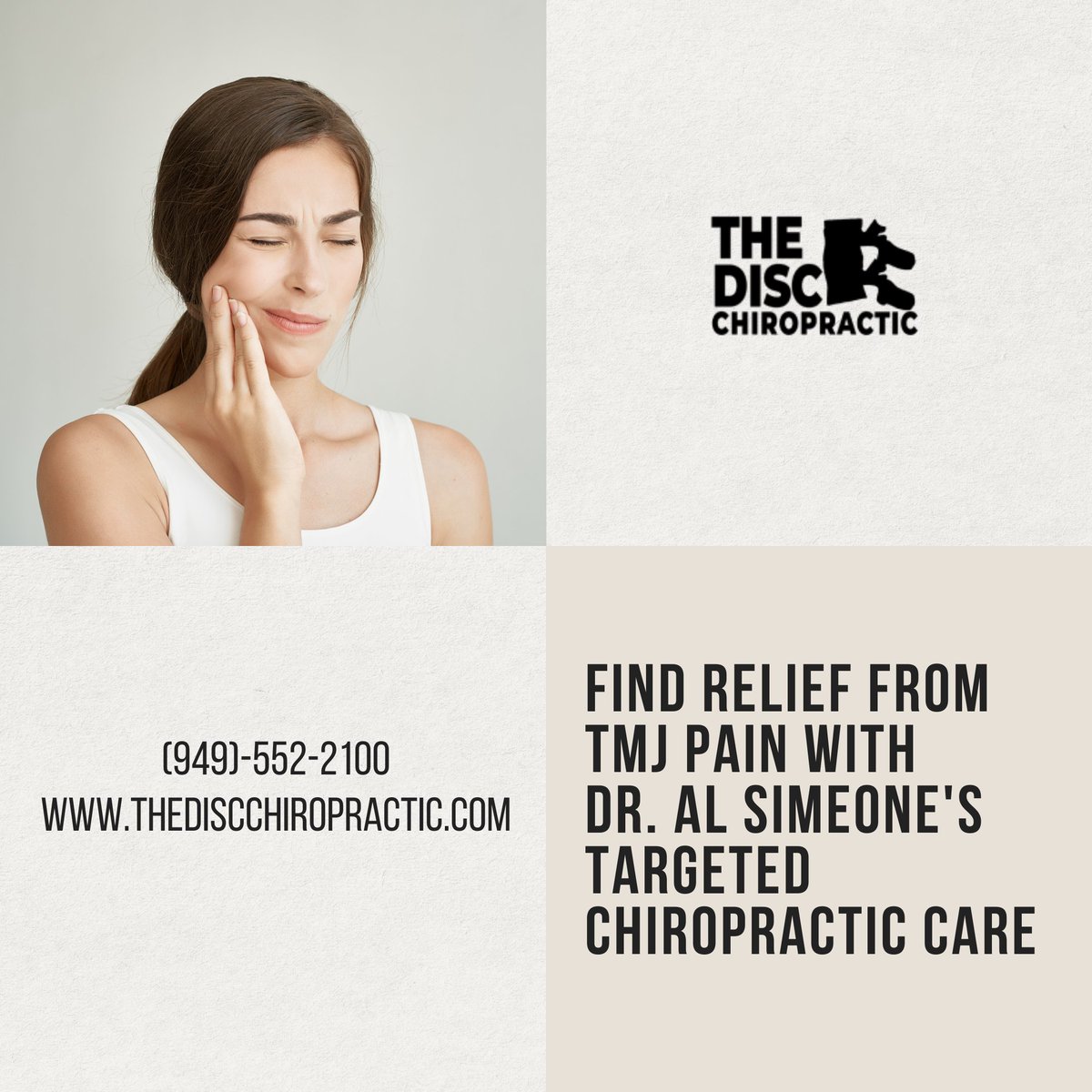 TheDiscChiro's tweet photo. 🌈 Find relief from TMJ pain with Dr. Al Simeone's targeted chiropractic care. Say goodbye to jaw discomfort and hello to comfort! 🌟 Schedule your visit at https://t.co/kjoczMZCFA. #TMJTreatment #JawPainRelief https://t.co/GFrO6WMFtu