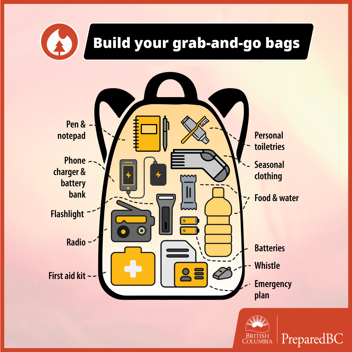 If a #BCwildfire threatens your home, you may need to leave quickly. Take time now to build grab-and-go bags for everyone you live with, including pets. Once you’ve got the basics, customize everyone’s bag to meet their needs. Learn more: PreparedBC.ca/grab-and-go