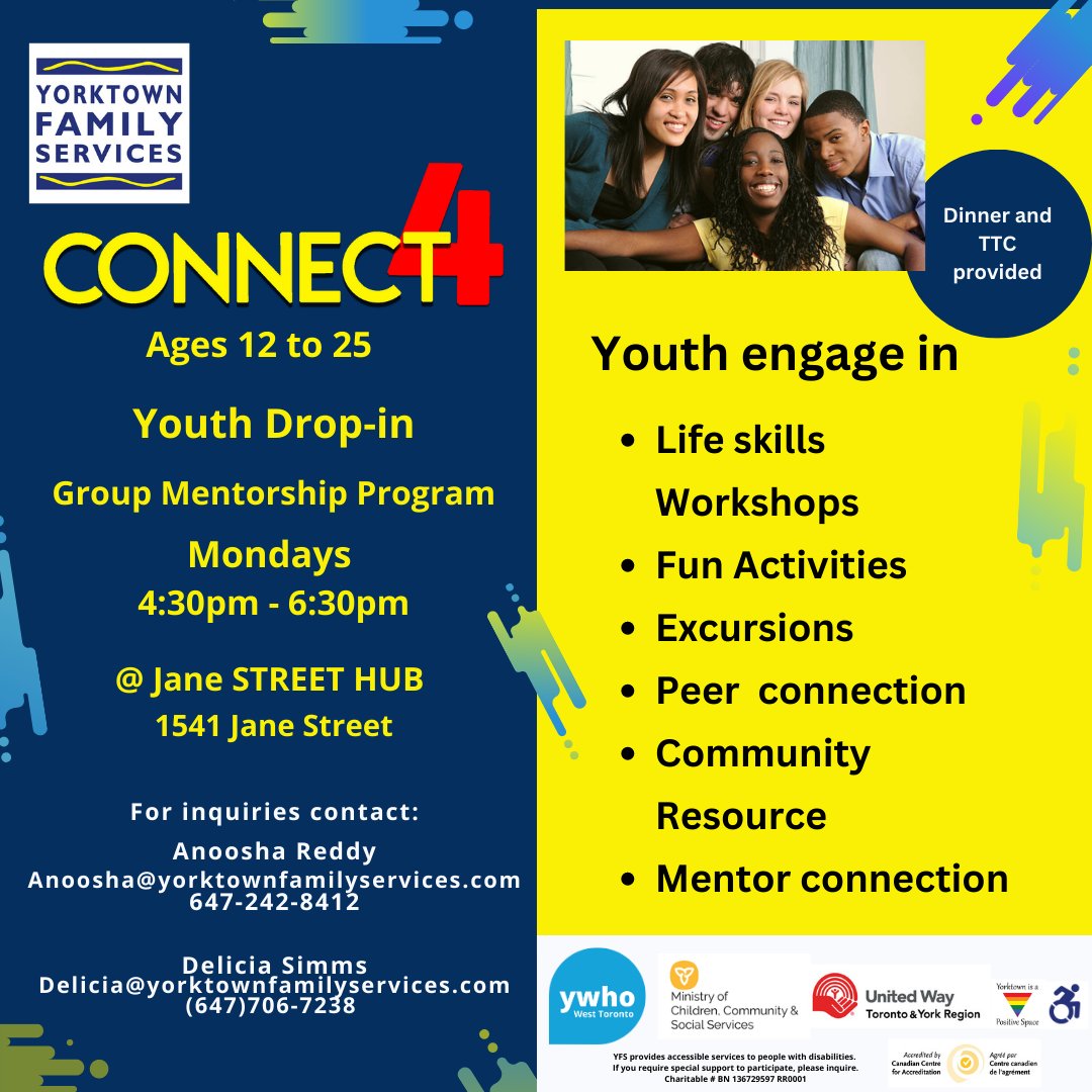 Join us today for CONNECT 4 - a weekly DROP-IN group mentorship program on Mondays from 4:30-6:30pm for youth aged 12-25, that allows youth to express and develop their identity. Drop by any Monday to participate or visit yorktownfamilyservices.com/programs/conne… to register for more information!