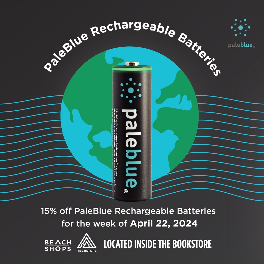Get 15% off our new PaleBlue rechargeable batteries for the Earth Week from April 22nd to April 26th.
 
Batteries can be found in the Tech Store inside the University Bookstore and online at the link in our bio.

#BeachShops #GoBeach