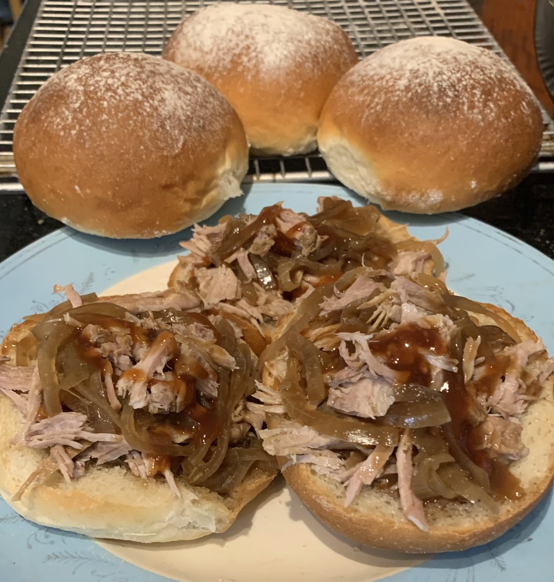 Soft #bread buns, for pulled pork sandwiches, with onion gravy & bbq sauce.