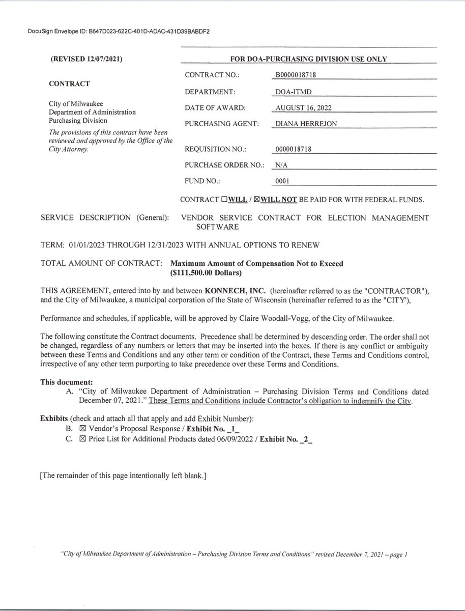 EXCLUSIVE: City of Milwaukee has a signed contract with Konnech for their Poll Chief Software. 3 images here, of the 94 page contract, more coming. Konnech CEO Eugene Yu works for the Chinese Communist Party. LA's govt. case prosecutor, Mr. Eric Neff, found for 100% certainty