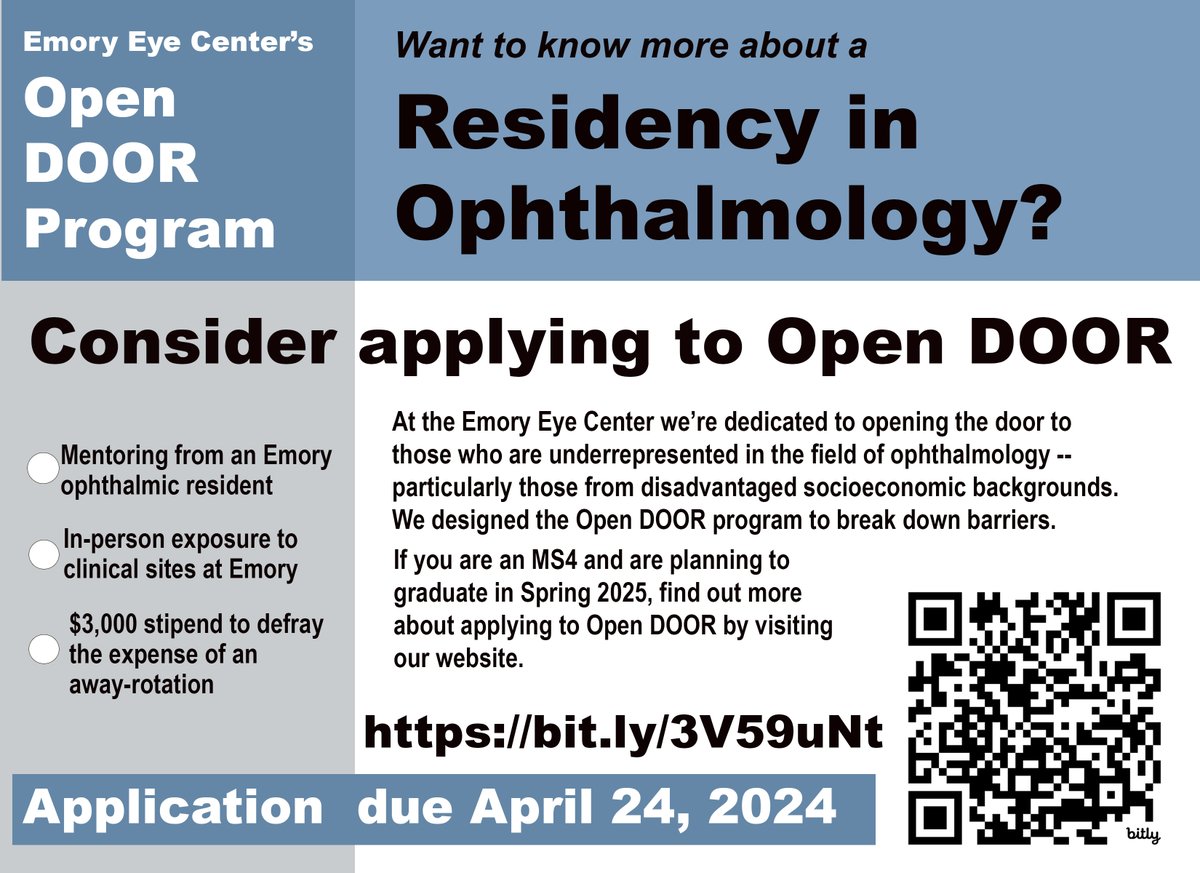 The Emory Department of Ophthalmology is still reviewing applications from MS4's for the Open DOOR scholarship. Help us diversify the field of ophthalmology.