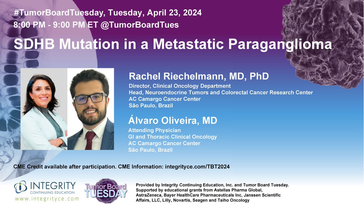 #TumorBoardTuesday @TumorBoardTues is🚶into new territory again, with the team from🇧🇷as our guide❗️ 📢Join us Tuesday, 04-23-2024 at 8PM ET as @RachelRiechelm2 & @lopes8730🗣️an SDHB mutation in a patient with metastatic paraganglioma RT and bring others into the discussion‼️