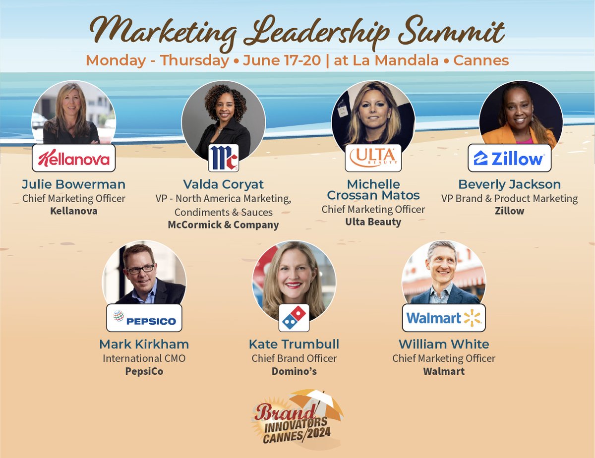 We're tapping into some C-suite speakers from top brands like Kellanova, @PepsiCo, @McCormickCorp, @UltaBeauty, @Dominos, @Zillow, @Walmart, and more at our Marketing Leadership #BISummit during @Cannes_Lions from June 17-20! Don't wait, register now! brand-innovators.com/events/marketi…