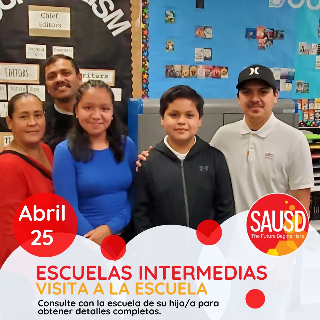 🏫👋 Open House night for Intermediate schools in #SAUSD is April 25! Be sure to check with your child's school for full details. 

#WeAreSAUSD #SAUSDBetterTogether